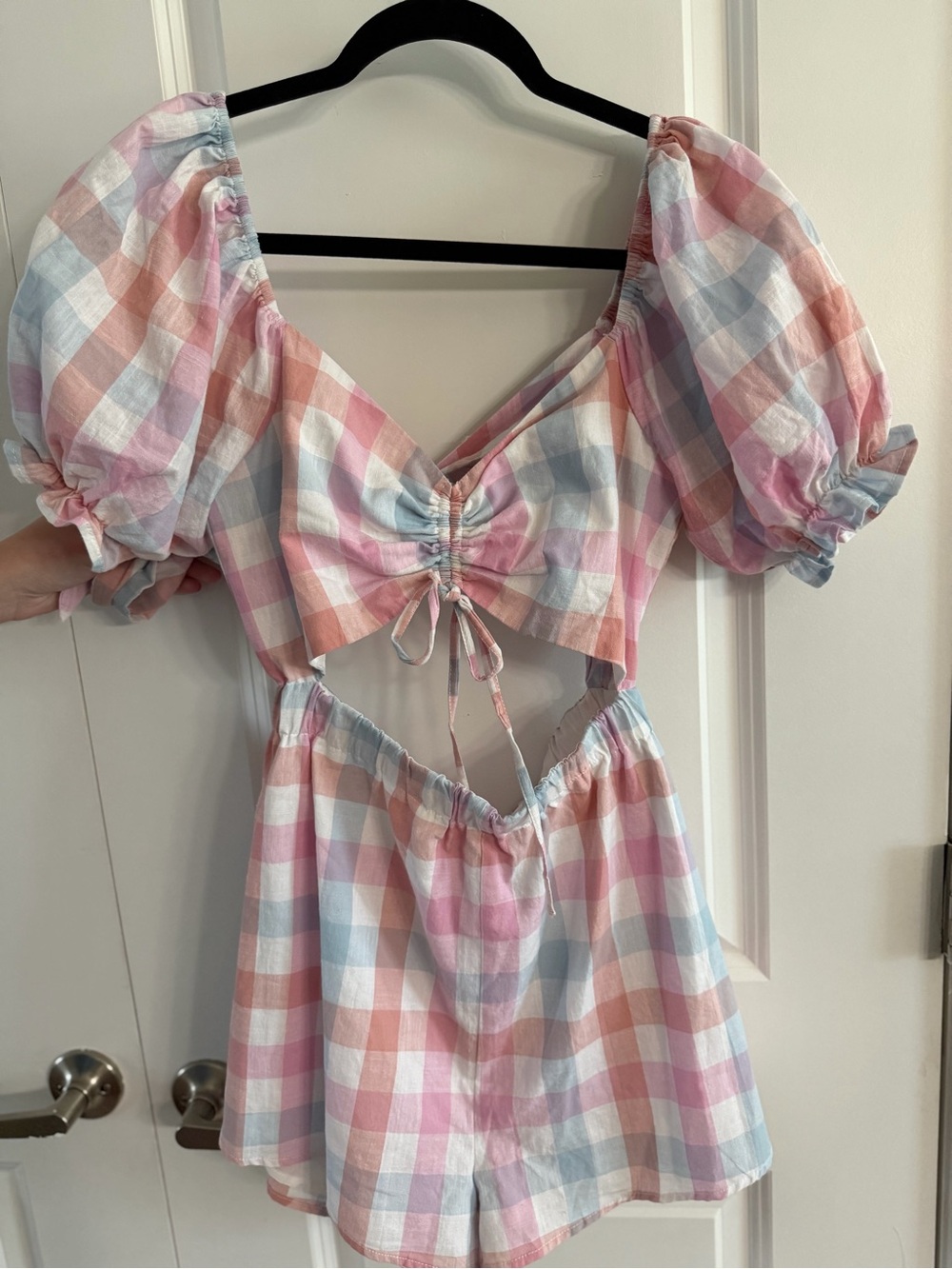 Pastel Plaid Puff-Sleeve Romper in Pink, Blue & Peach